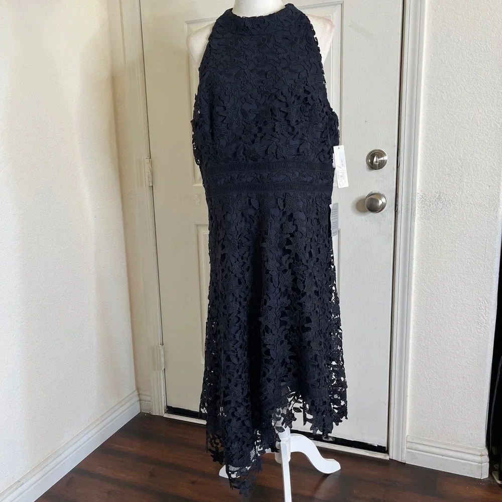 New Eliza‎ J Women Asymmetric Hem Mock Neck Lace Dress size 18 Navy Cocktail - Picture 5 of 16